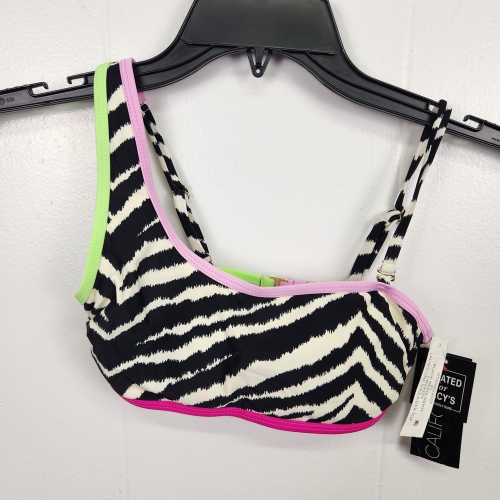 California Waves Bikini Top XS Zebra Print One Shoulder‎ Neon Trim NWT